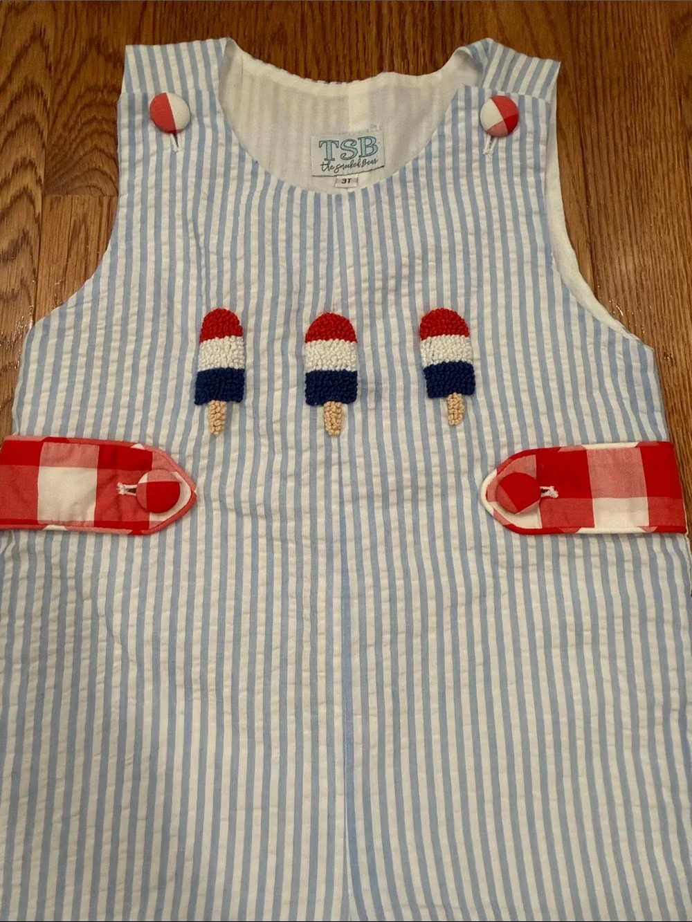 The Smocked Bear Blue & White Seersucker Popsicle Shortall